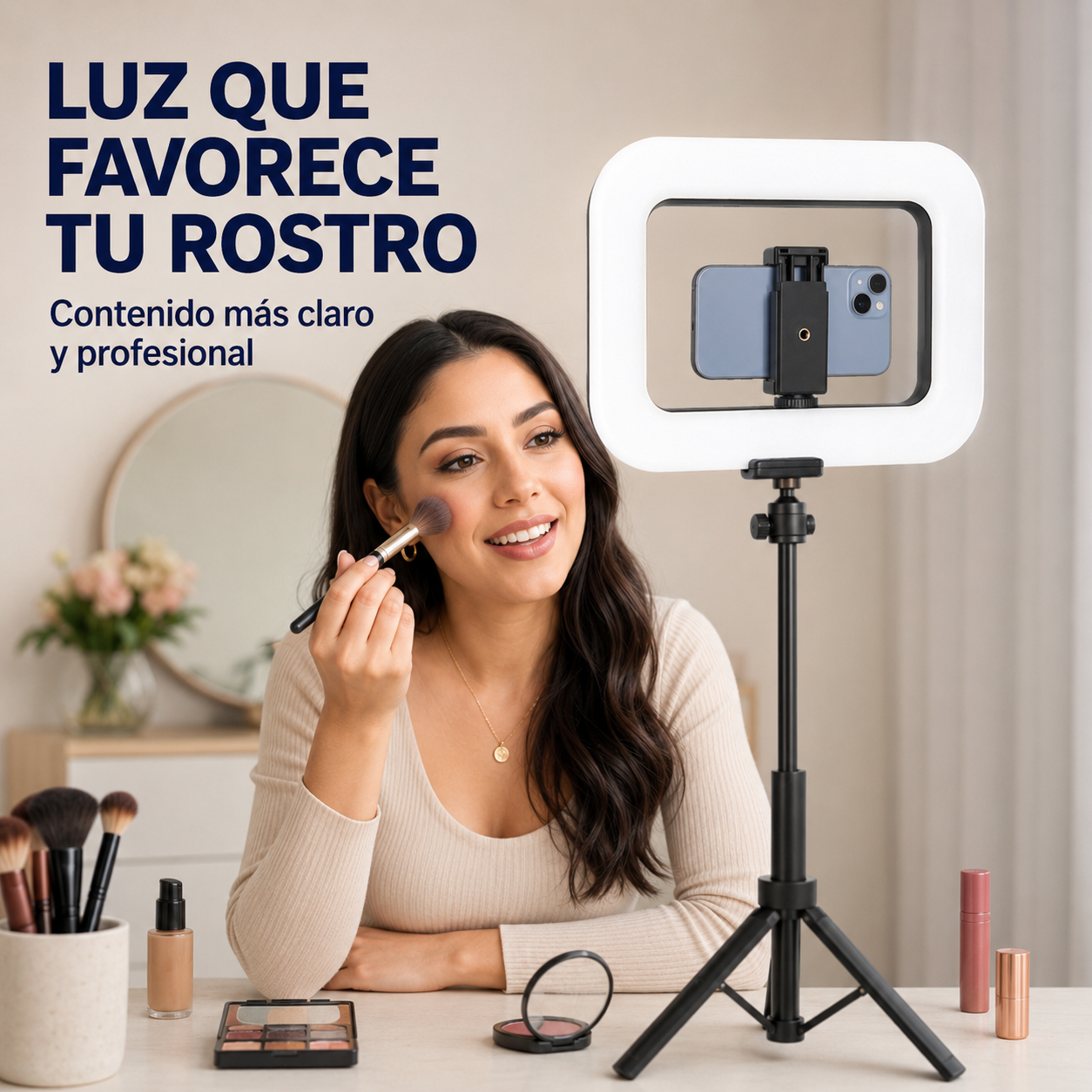 Aro rectangular YM200 iluminando un tutorial de maquillaje con celular