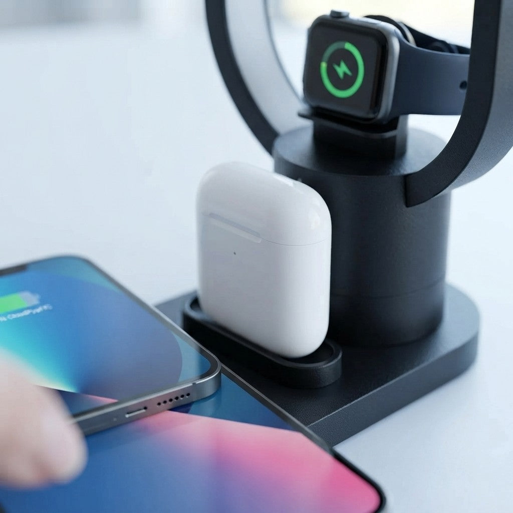 Organiza tu escritorio y carga tus dispositivos con la Base AY-41, un hub 4 en 1 que combina cargador inalámbrico, lámpara LED, soporte para celular y diseño minimalista.