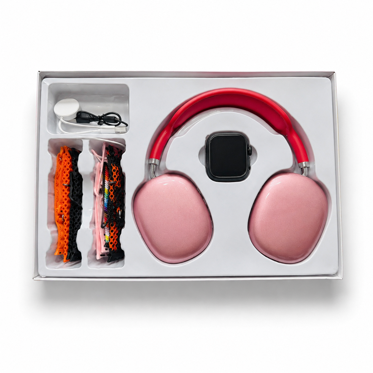 Disfruta lo mejor de la tecnología en un solo kit. El Combo P9 Ultra reúne audífonos Bluetooth de diadema con sonido envolvente y un smartwatch moderno con correas intercambiables.