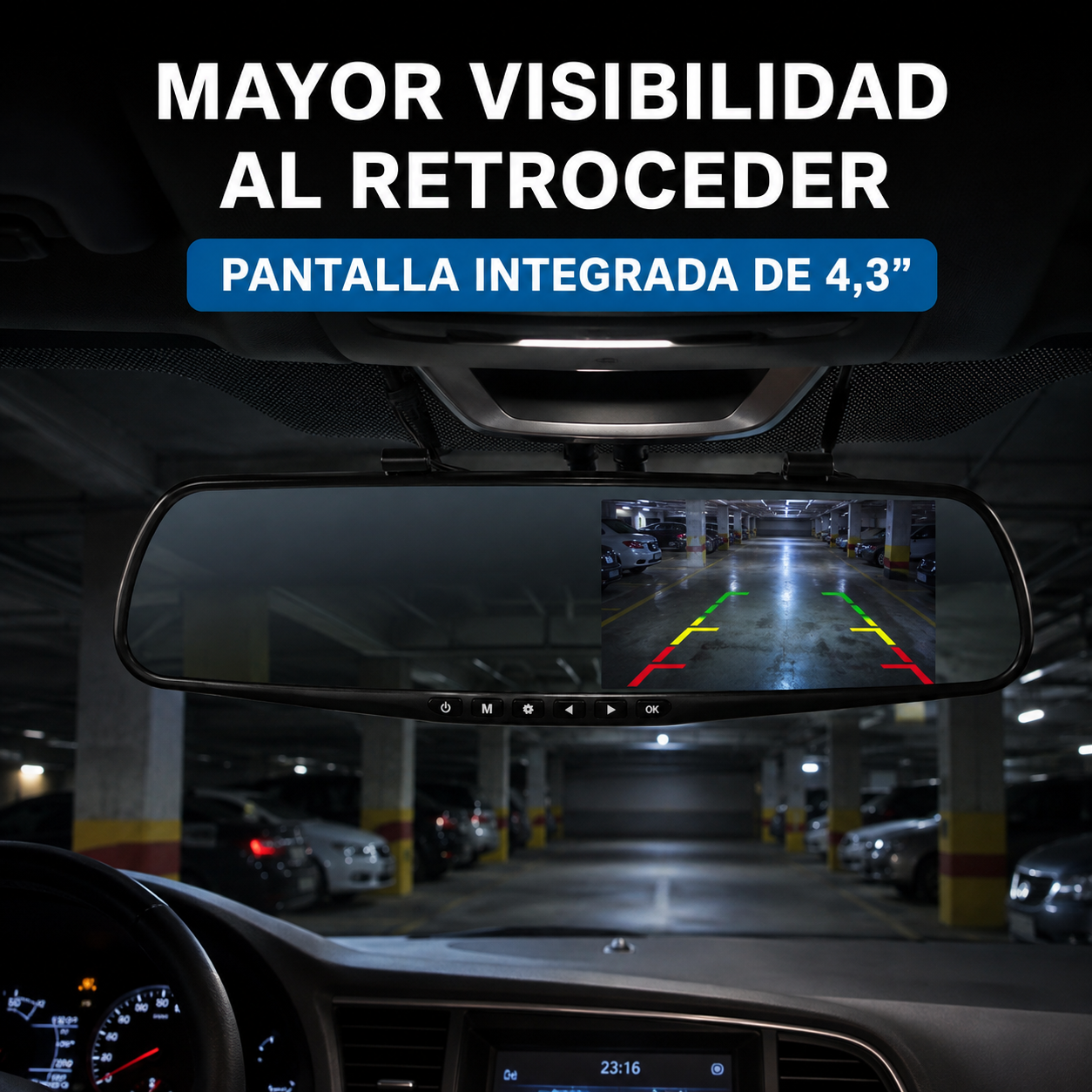 Pantalla de reversa del espejo L9000 funcionando en estacionamiento nocturno