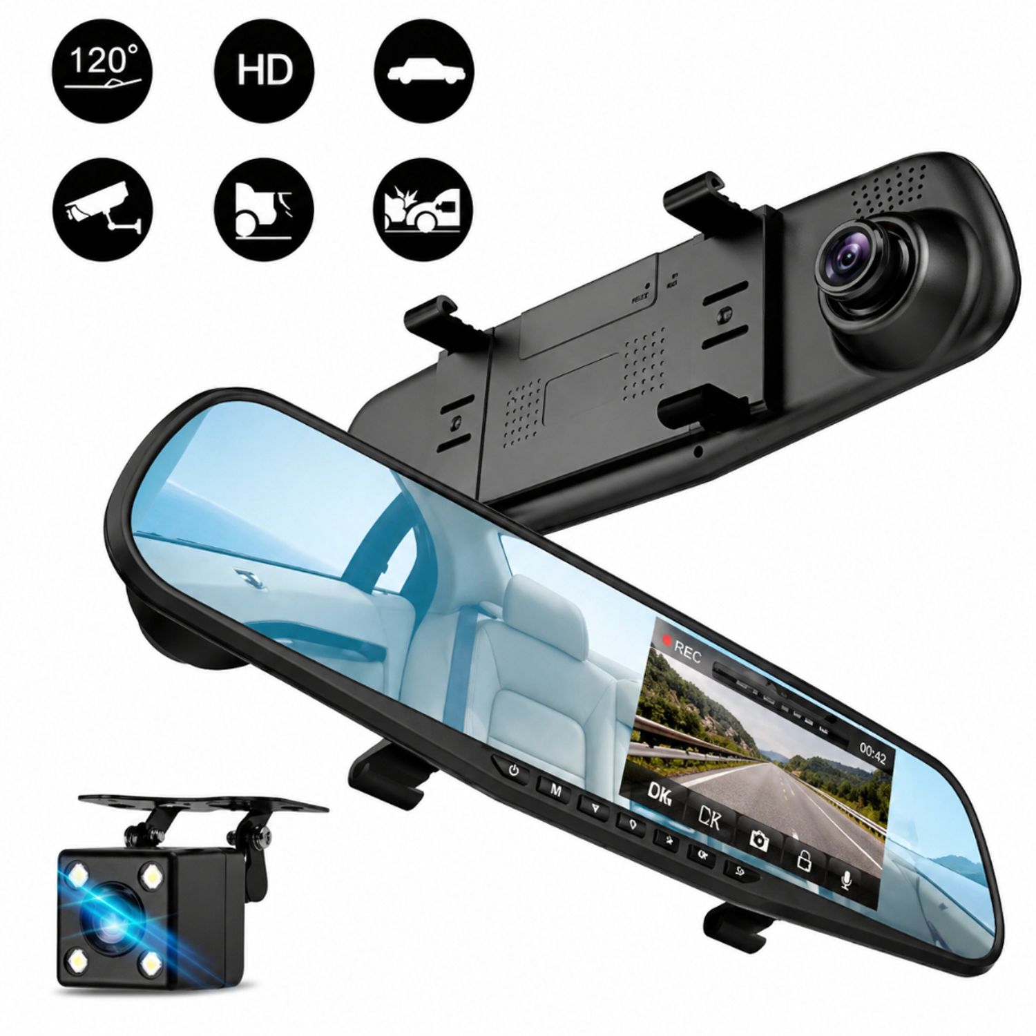 Estaciona con confianza usando el Espejo Retrovisor L9000 con cámara de reversa integrada. Pantalla de 4.3 pulgadas que se activa al retroceder, mostrando obstáculos en tiempo real.