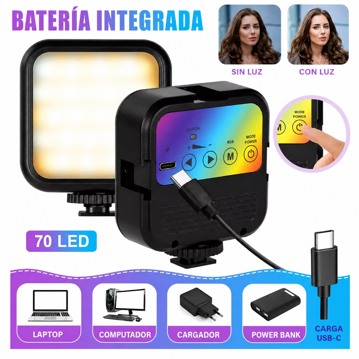 Luz RGB AY-83 con batería integrada, 70 LED y carga USB-C