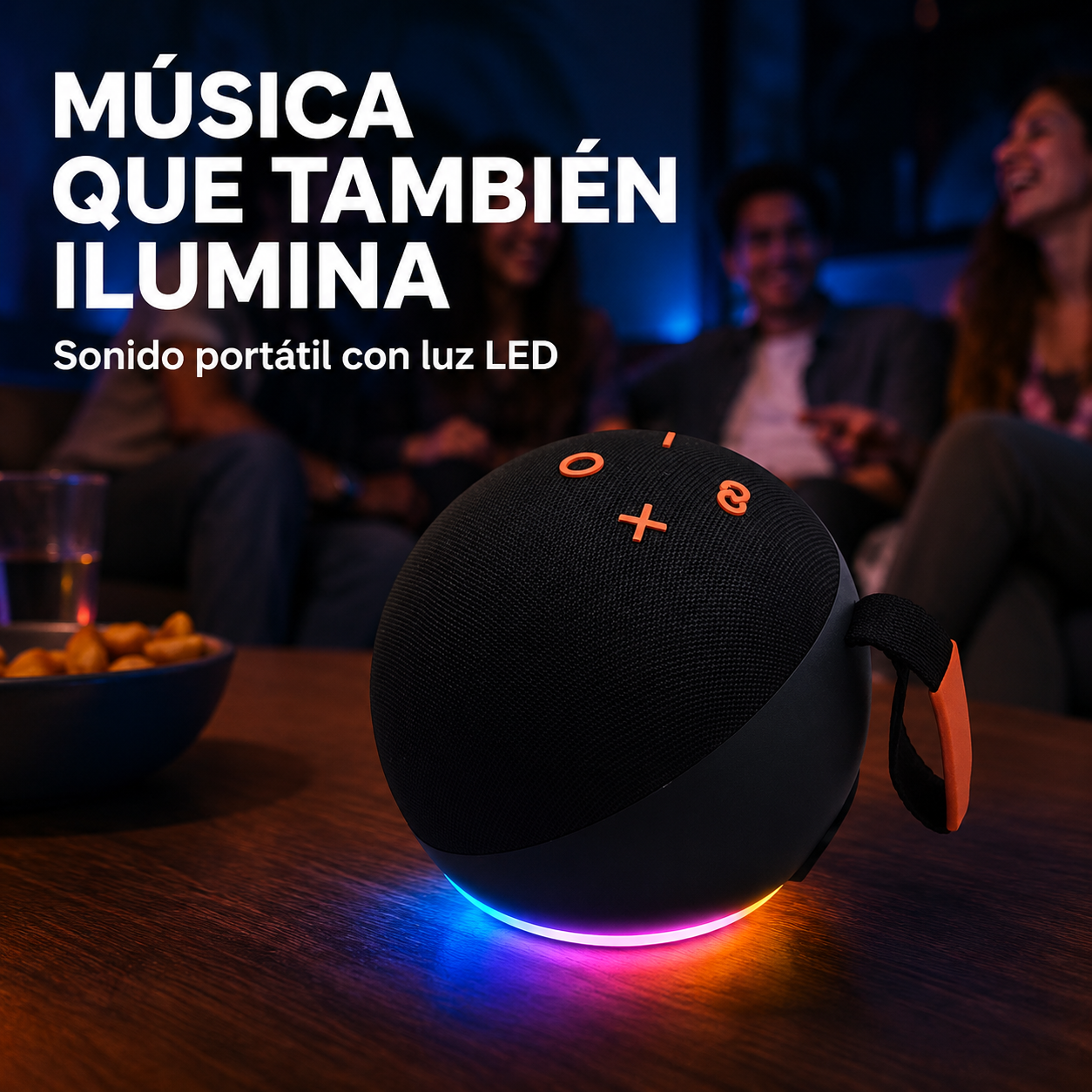 Parlante Bluetooth Alaxe Pro Max negro con iluminación LED ambientando una reunión