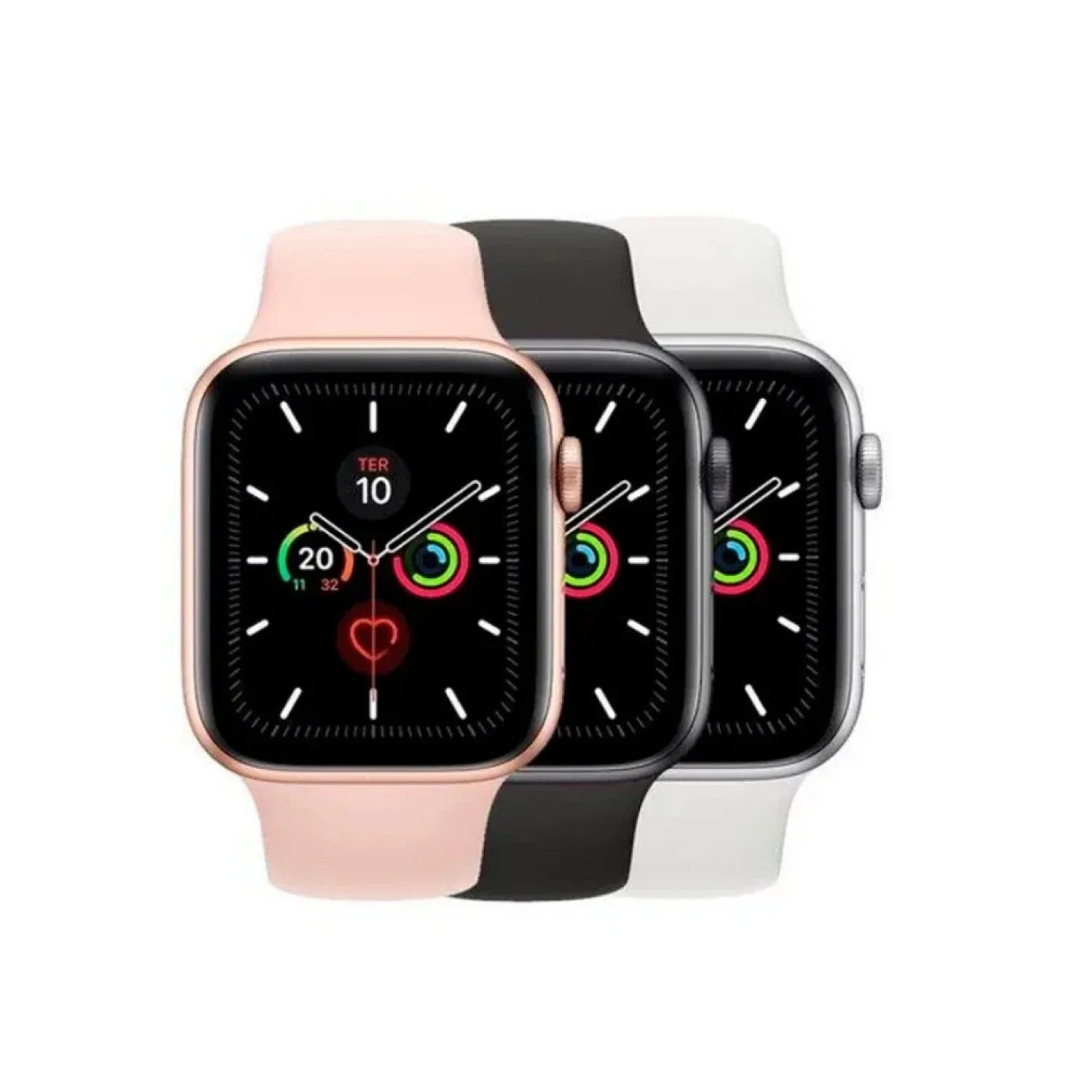 Smartwatch T500 disponible en colores rosado, negro y blanco