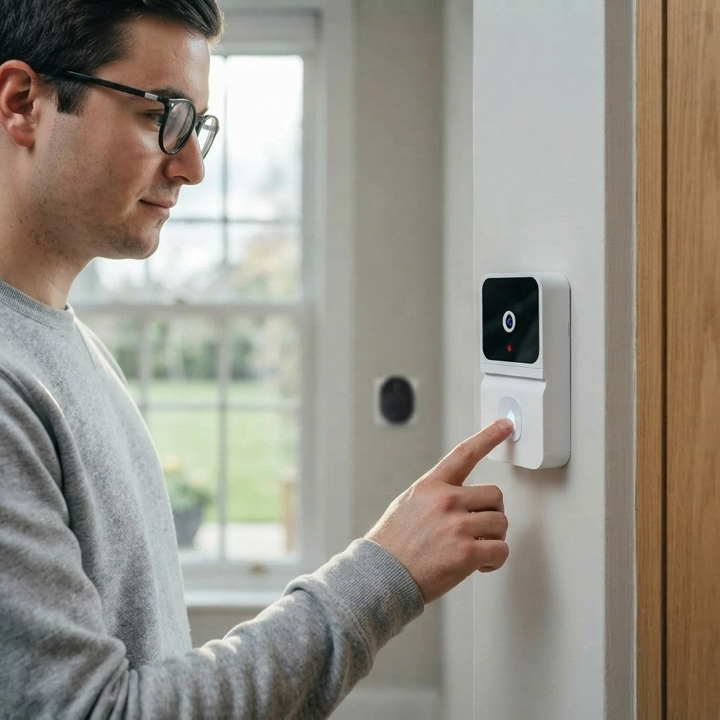 Moderniza tu entrada con el Timbre Inteligente Inalámbrico. Sin cables, fácil de instalar y resistente al agua para exteriores. El botón comunica con el receptor enchufado dentro de casa.