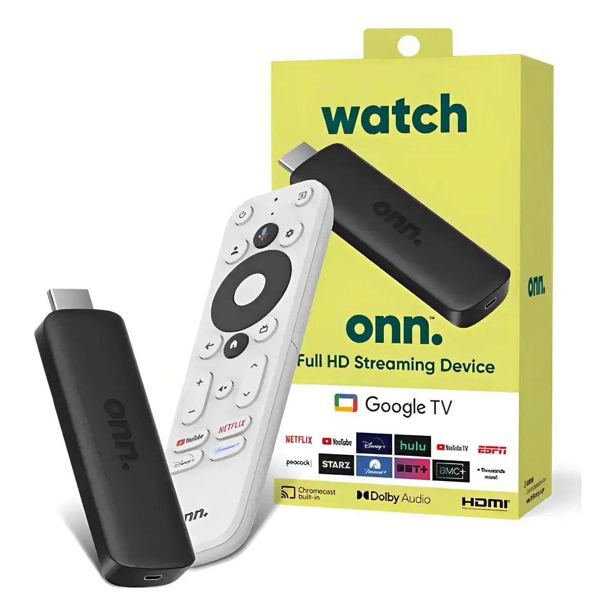 Accede a tus apps favoritas con el Dispositivo de Streaming Onn Google TV Full HD. Interfaz Google TV intuitiva, control por voz y reproducción fluida en resolución Full HD.